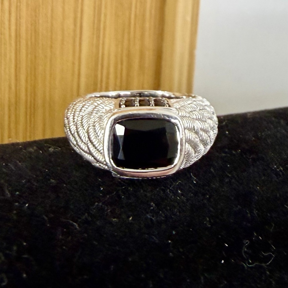 JUDITH RIPKA Sterling Silver Black Onyx Braided Twist Cable Ring; Size 5.5